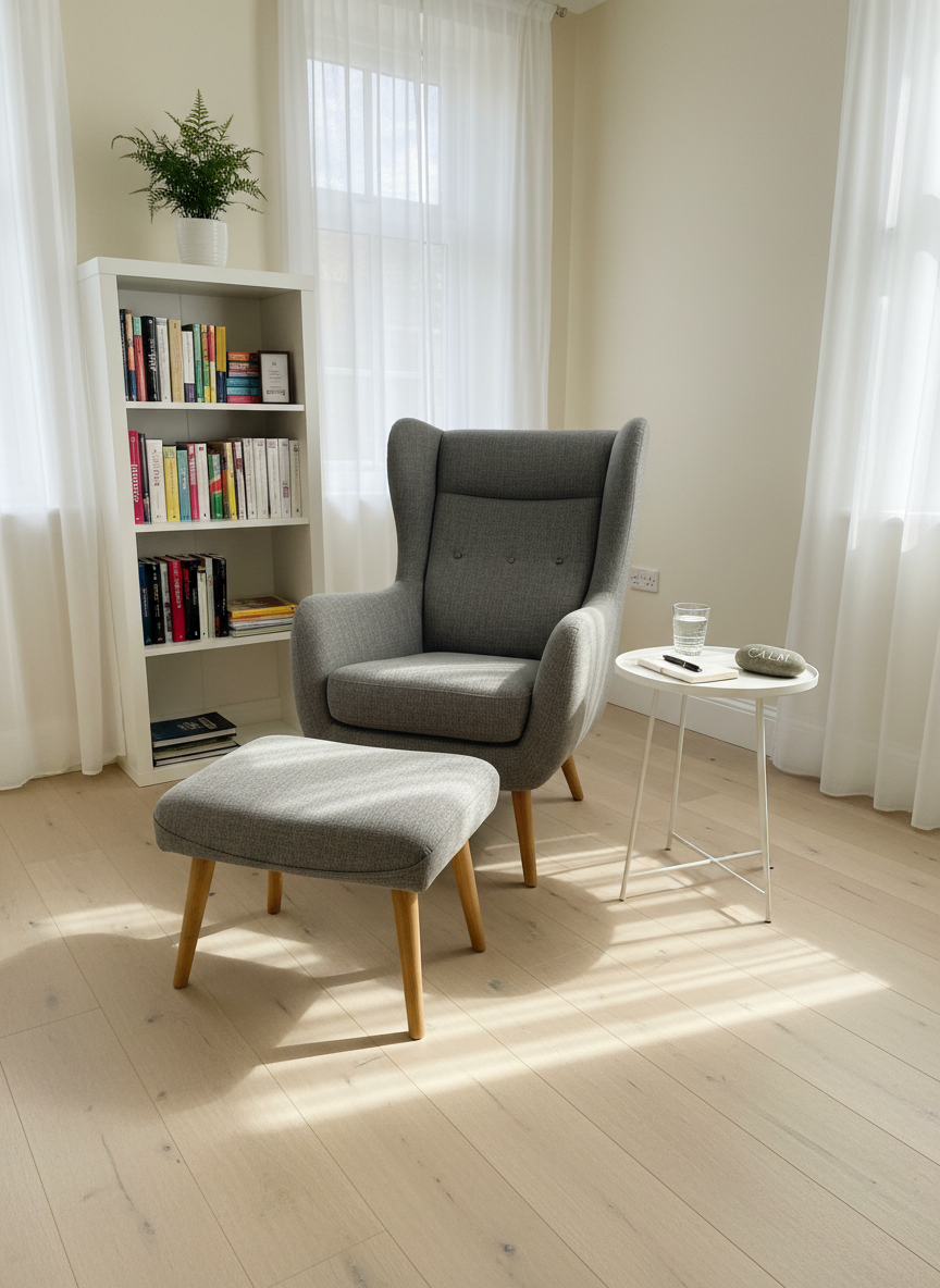 A neatly arranged hypnotherapy consultation room without any people, featuring a high-backed, soft grey reclining chair with a textured fabric finish and a matching ottoman, placed on a pale oak wooden floor. A low, white side table holds a glass of water, a small notepad, and a smooth stone engraved with the word “Calm.” Warm, diffused afternoon light filters through sheer white curtains, casting gentle, elongated shadows and a soothing glow on the walls. Captured at eye level with a slightly wide angle, the background softly blurs a bookshelf with neatly ordered wellness books and a small potted fern. The photographic realism and clean, modern aesthetic create a professional yet deeply relaxing atmosphere, ideal for a hypnotherapy practice in Shrewsbury.