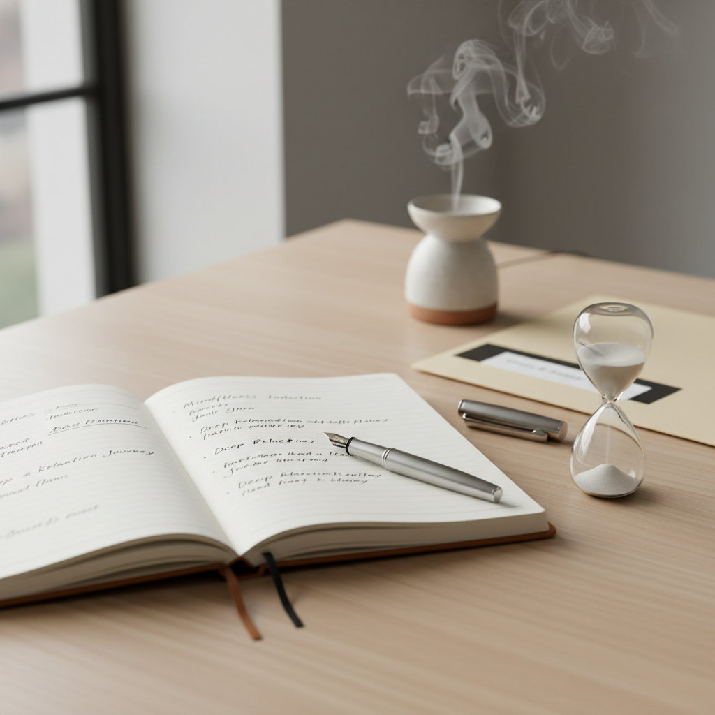 A close-up, photographic view of a minimalist desktop setup in a hypnotherapy practice, showing an open leather-bound notebook with tidy handwritten session plans, a silver pen resting diagonally across the page, and a small hourglass with pale sand mid-flow. The desk is a smooth light-ash wood surface, positioned near a large window. Soft overcast daylight falls from the left, creating gentle highlights on the pen and subtle reflections in the glass of the hourglass. In the softly blurred background, a discreet diffuser emits a faint mist beside a neatly labeled folder reading “Stress & Anxiety Support.” Shot from a slightly elevated angle with shallow depth of field, the image feels orderly, professional, and reassuring.