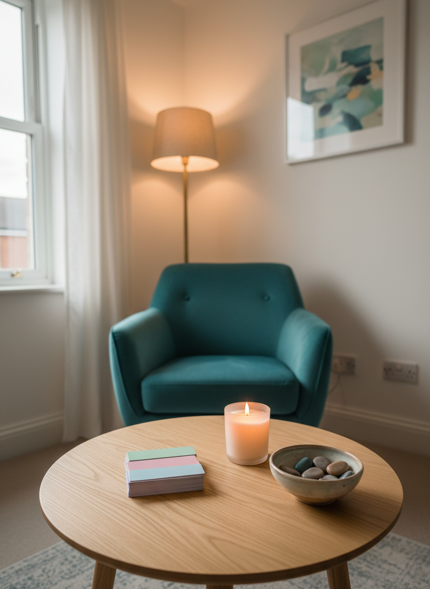 An inviting corner of a therapy space in Shrewsbury, showing a plush teal armchair facing a low beechwood coffee table, both empty of people. On the table lies a stack of pastel-colored mindfulness cards, a small ceramic bowl filled with polished worry stones, and a lit soy candle in a frosted glass holder. The walls are painted a soft, warm white with a framed abstract artwork in muted blues and greens. Late afternoon natural light enters through a side window, combining with a floor lamp’s warm glow to create layered, comforting illumination and soft shadows. Photographed at eye level with balanced composition and moderate depth of field, the scene conveys a calm, safe, and professional hypnotherapy environment focused on easing stress and anxiety.