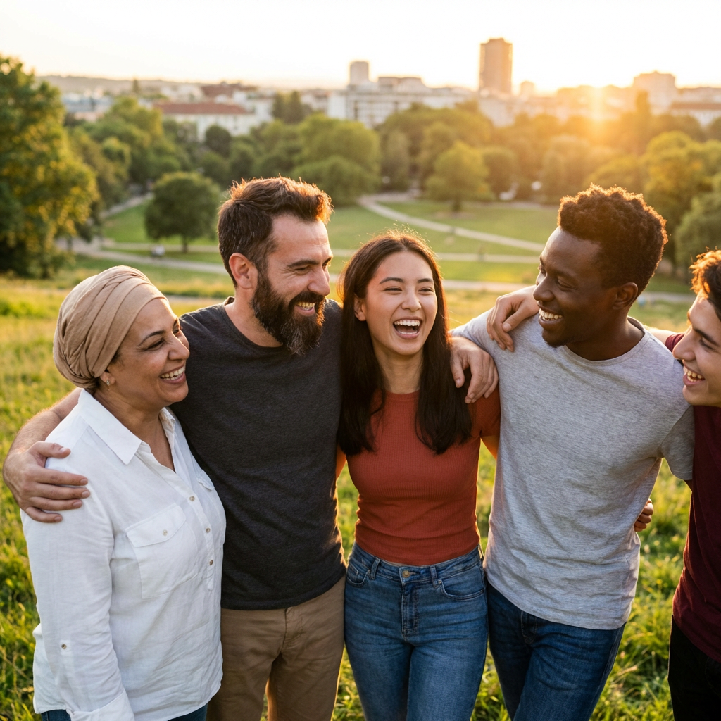 A diverse group of smiling friends standing together in a park during sunset.